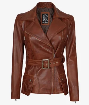 Women's Asymmetrical Cognac Wax Four-Pocket Belted Biker Style Jacket