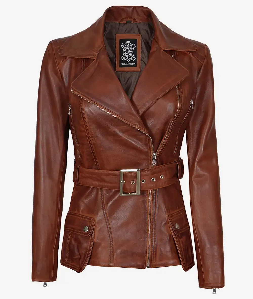 Women's Asymmetrical Cognac Wax Four-Pocket Belted Biker Style Jacket Women's Asymmetrical Cognac Wax Four-Pocket Belted Biker Style Jacket