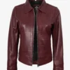 Womens Shirt Collar Burgundy Leather Jacket
