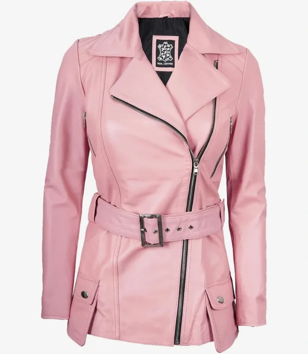 Womens Pink Belted Asymmetrical Long Biker Style Leather Jacket