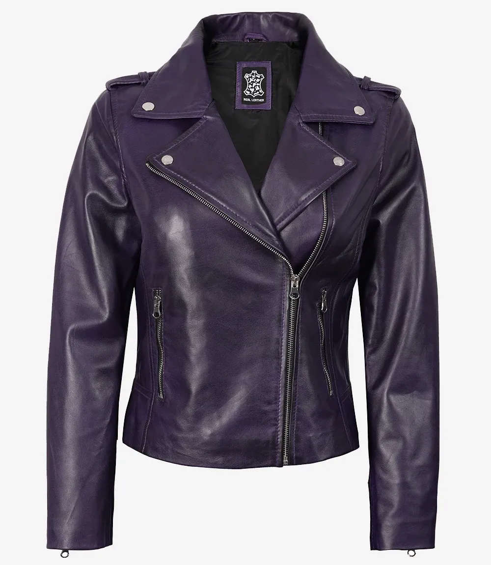 Women's Lambskin Asymmetrical Purple Biker Style Jacket Women's Lambskin Asymmetrical Purple Biker Style Jacket