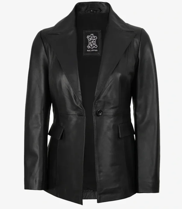 Womens Single Button Black Leather Blazer - Peak Lapel