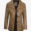 Women's Three Button Camel Brown Leather Blazer
