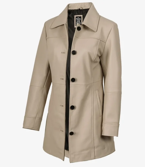 Women's Real Lambskin Leather 3/4 Length Beige Coat