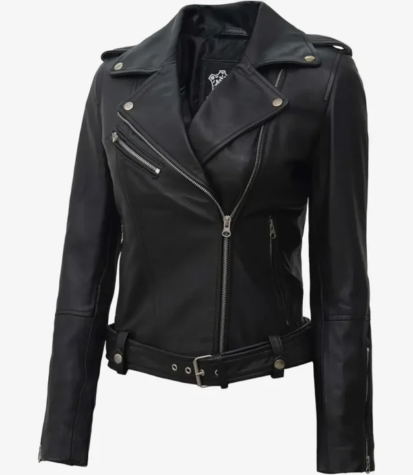 Margaret Womens Black Biker Style Leather Jacket With Belt