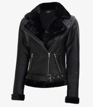 Womens Black Shearling Leather Biker Style Jacket