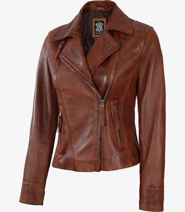 Women's Cognac Brown Asymmetrical Leather Biker Jacket