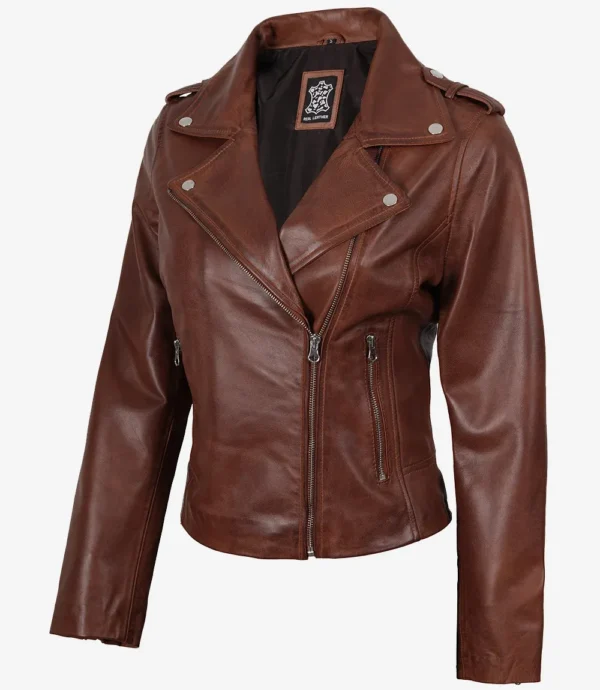 Womens Distressed Asymmetrical Cognac Biker Style Leather Jacket