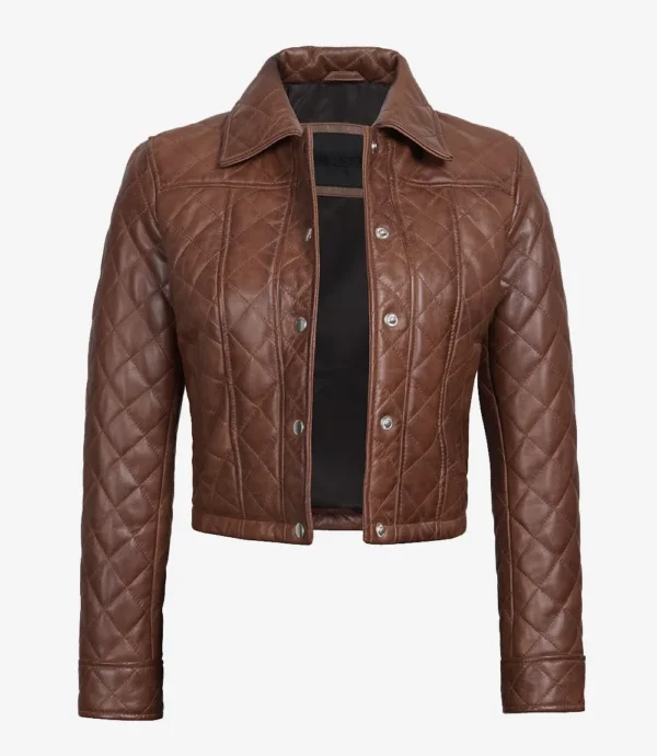 Womens Quilted Cropped Cognac Leather Jacket
