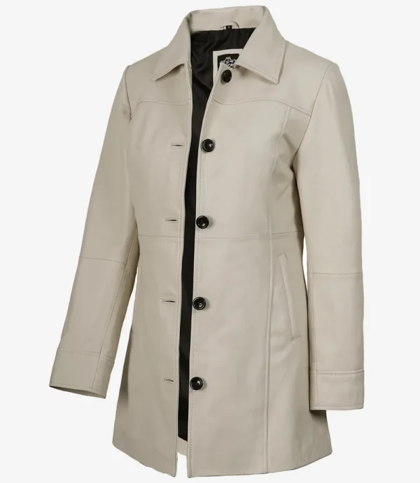 Women's Real Leather Off White 3/4 Length Coat