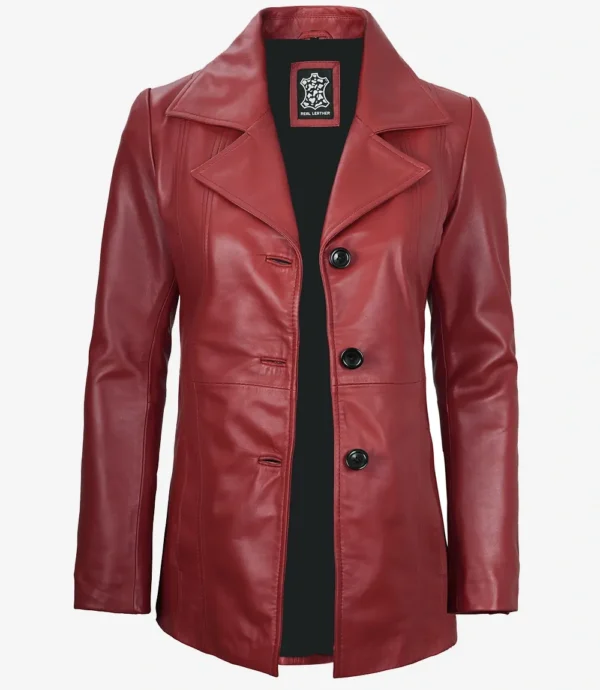 Womens Three Button Red Leather Blazer
