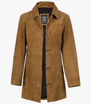 Women's 3/4 Length Button Down Brown Suede Coat