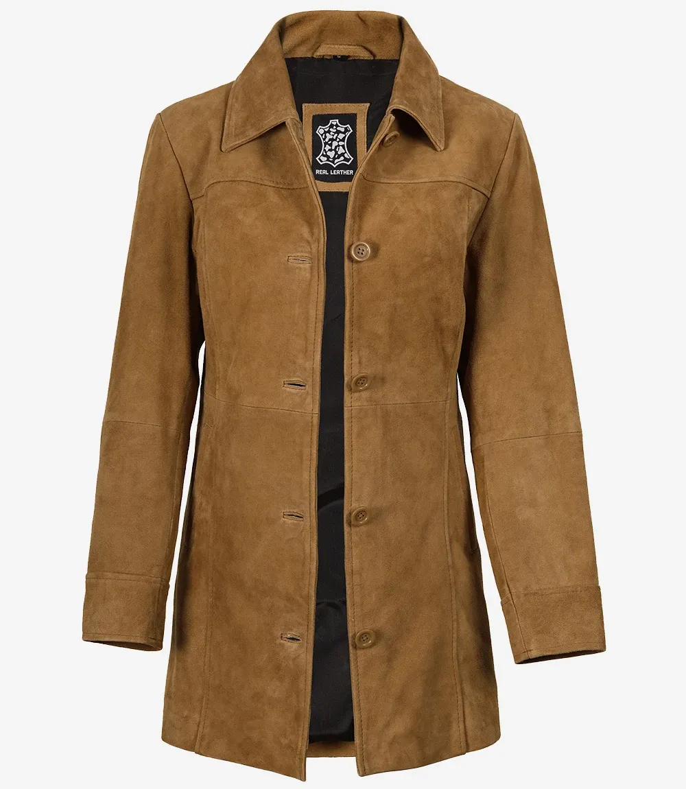 Women's 3/4 Length Button Down Brown Suede Coat Women's 3/4 Length Button Down Brown Suede Coat