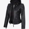 Tonja Womens Real Leather Black Jacket With Hood