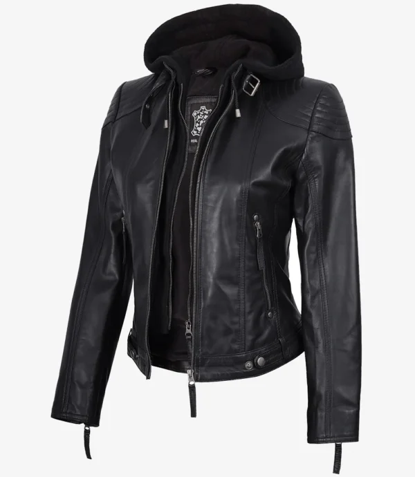 Tonja Womens Real Leather Black Jacket With Hood
