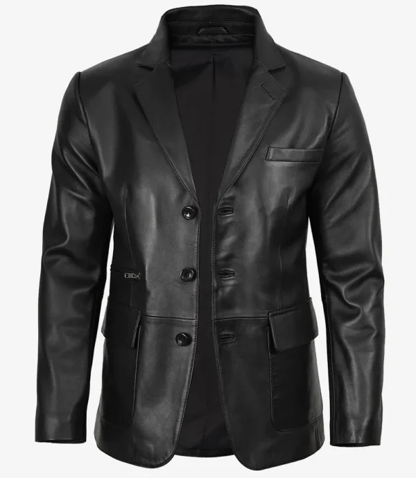 Mens Real Leather Three Button Black Blazer