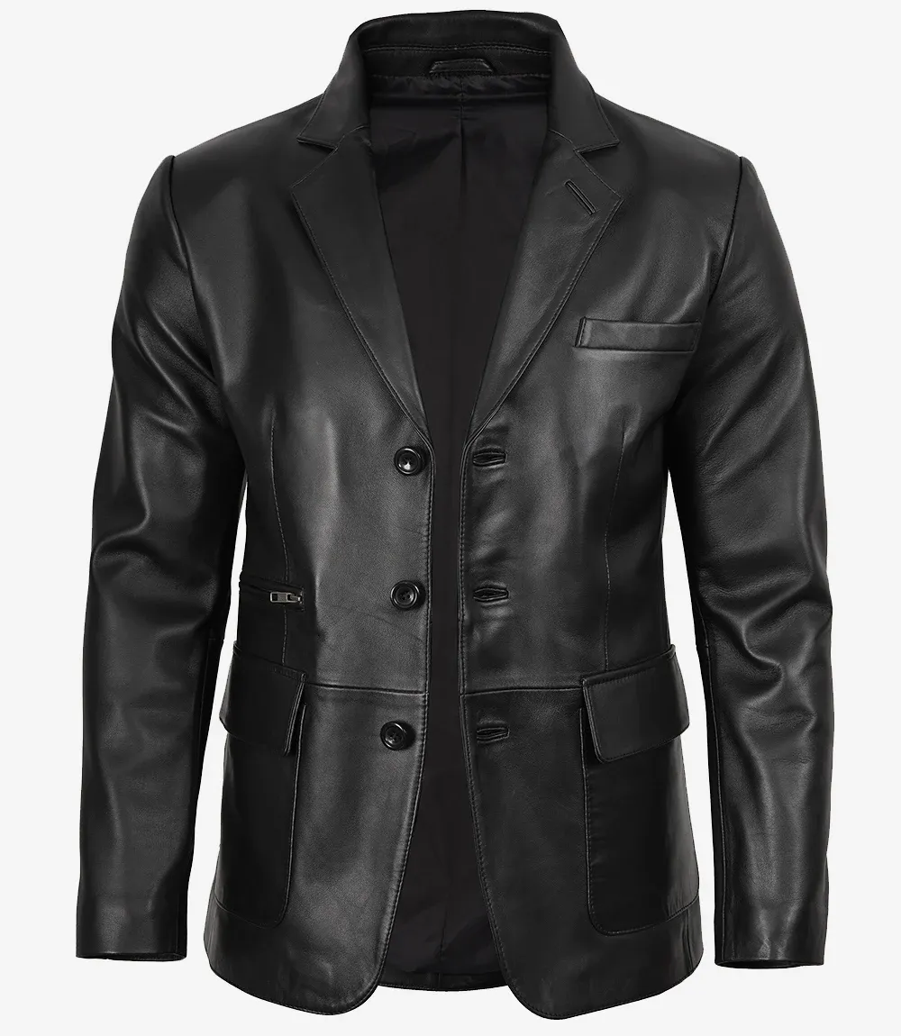 Mens Real Leather Three Button Black Blazer Mens Real Leather Three Button Black Blazer
