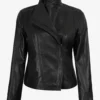 Women's Black Real Leather Jacket with Asymmetrical Zip Closure