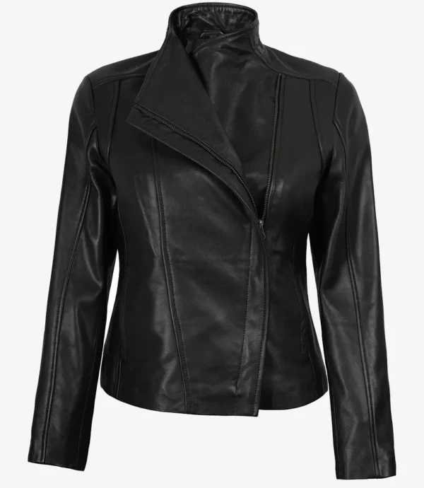 Women's Black Real Leather Jacket with Asymmetrical Zip Closure