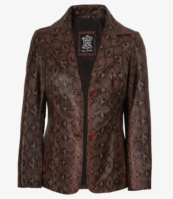 Kathryn Womens Snake Pattern Two Button Cognac Leather Blazer