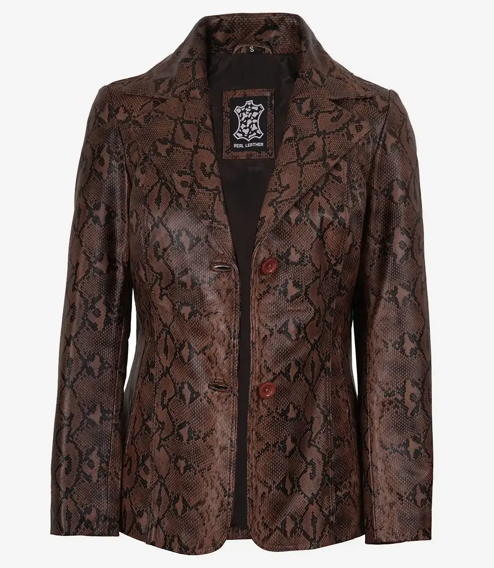 Kathryn Womens Snake Pattern Two Button Cognac Leather Blazer Kathryn Womens Snake Pattern Two Button Cognac Leather Blazer