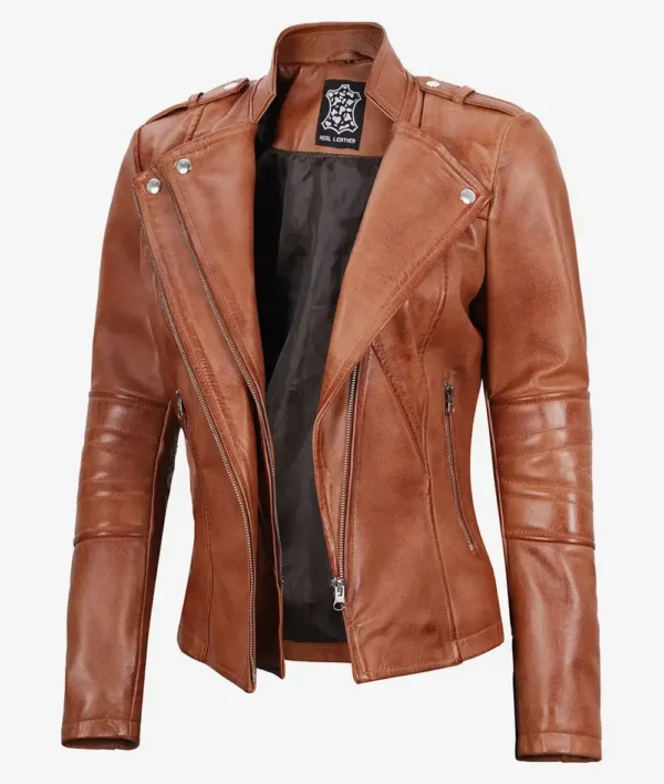 Women's Tan Asymmetrical Biker Style Leather Jacket