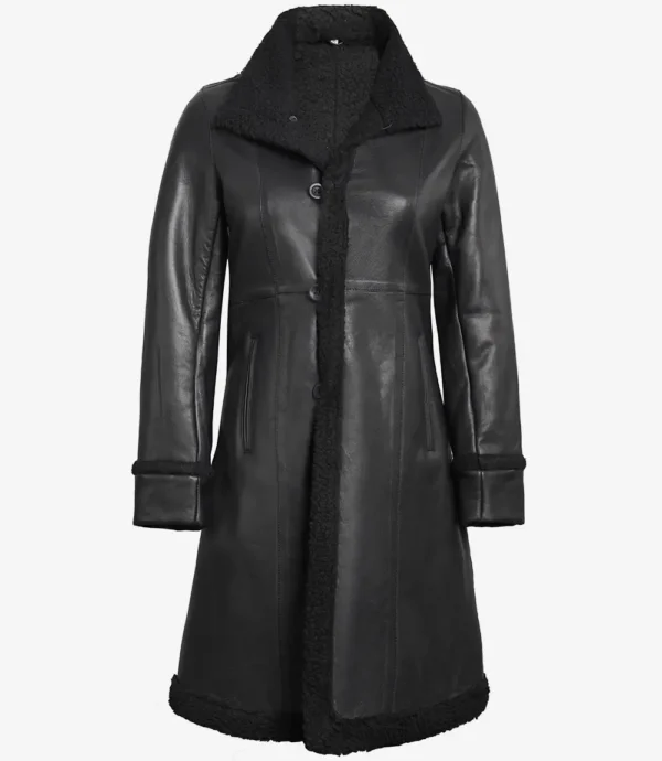 Women's 3/4 Length Black Leather Shearling Coat