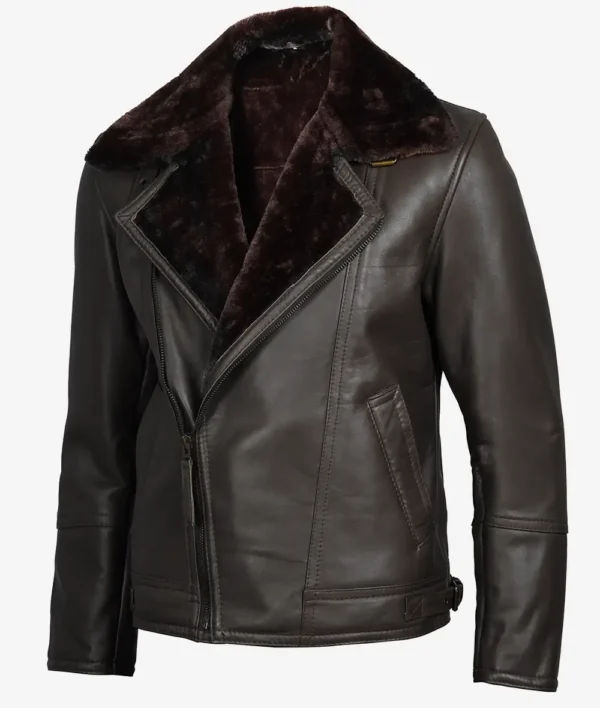 Men's Dark Brown Shearling Leather Moto Jacket - Asymmetrical Shearling Lining