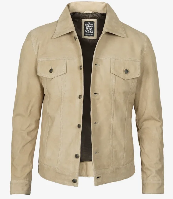 Men's Classic Camel Suede Trucker Style Jacket