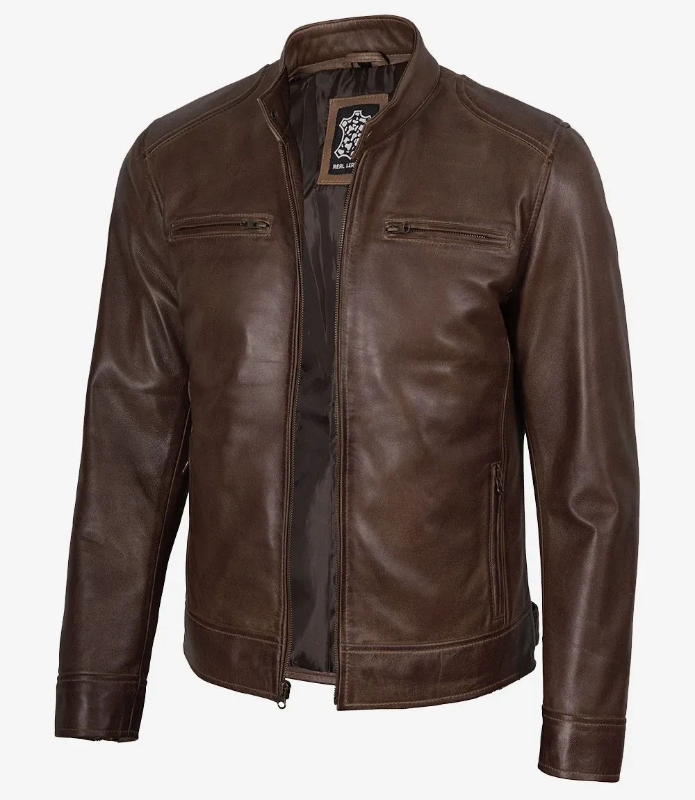 Dodge Men's Waxed Chocolate Brown Biker Style Leather Jacket Dodge Men's Waxed Chocolate Brown Biker Style Leather Jacket