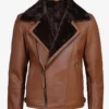 Men's Cognac Leather Shearling Moto Jacket