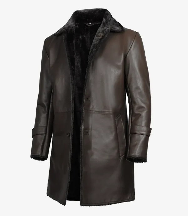 Men's 3/4 Length Dark Brown Shearling Leather Coat