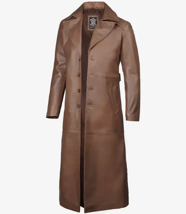 Men's Full Length Brown Leather Coat - Duster Coat