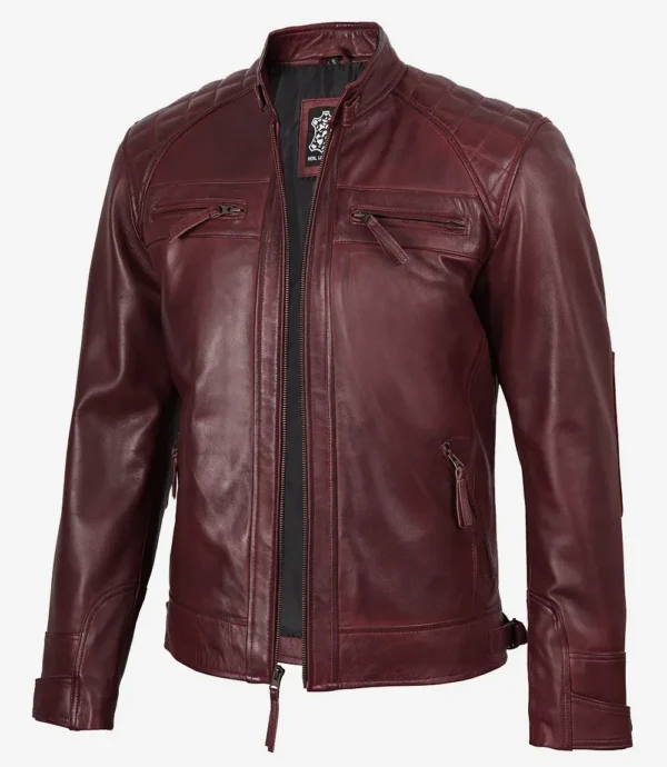 Mens Real Leather Burgundy Biker Style Jacket - Quilted Shoulder