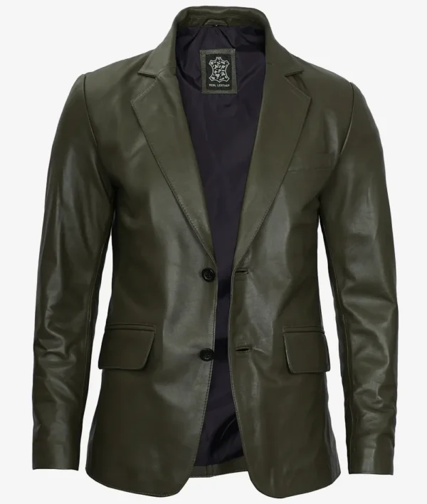 Mens Two Button Olive Green Leather Blazer