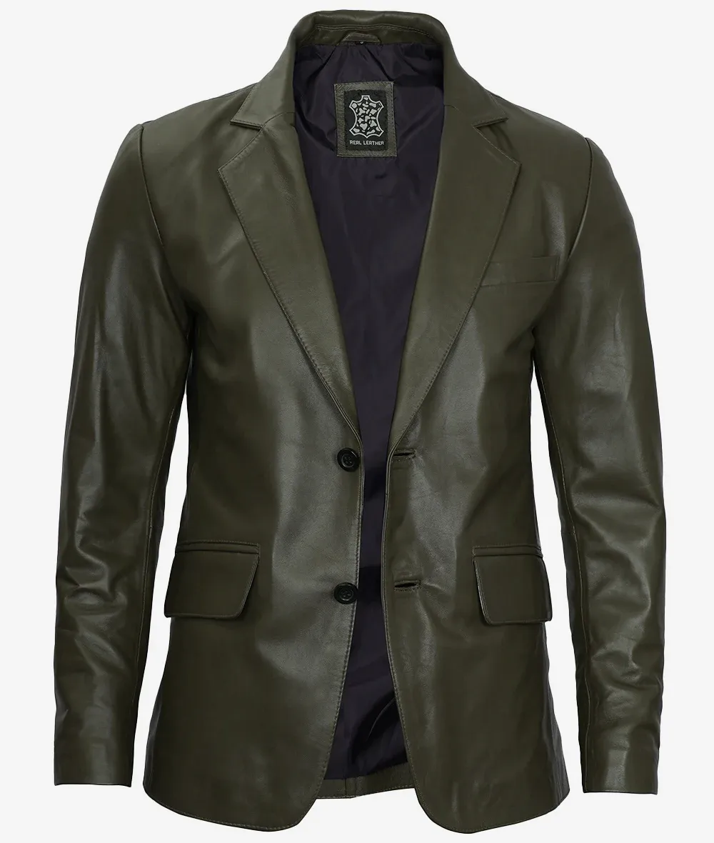 Mens Two Button Olive Green Leather Blazer Mens Two Button Olive Green Leather Blazer