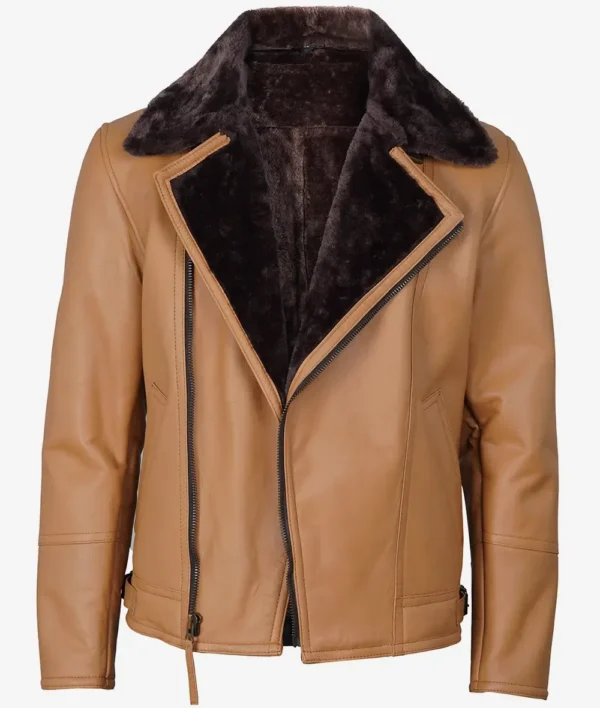 Men's Camel Brown Shearling Moto Leather Jacket