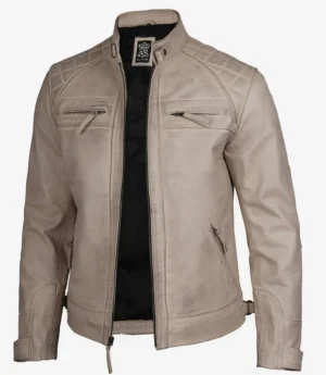 Men's Biker Style Warm Beige Waxed Leather Jacket - Quilted Shoulder