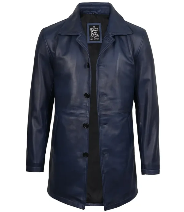 Mens 3/4 Length Blue Waxed Leather Car Coat