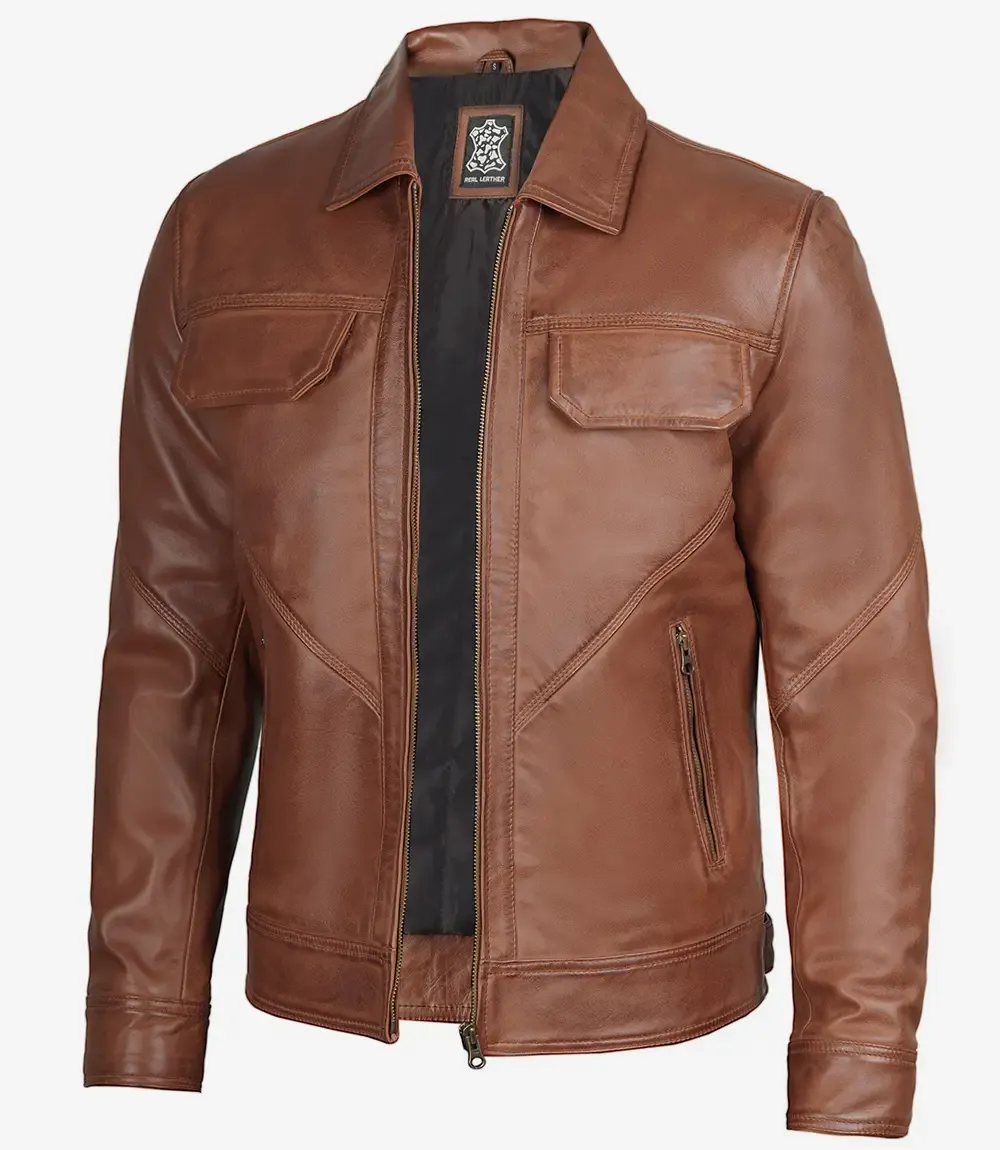 Men's Classic Shirt Collar Cognac Trucker Leather Jacket Men's Classic Shirt Collar Cognac Trucker Leather Jacket