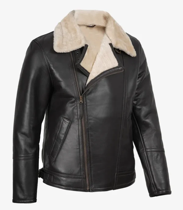 Men's Dark Brown Biker Style Shearling Leather Jacket