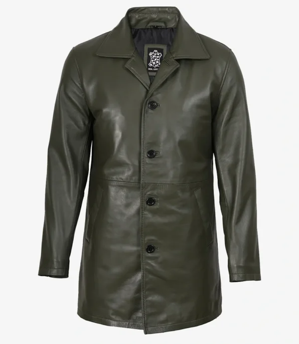Men's Olive Green 3/4 Length Leather Car Coat