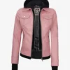 Womens Pink Bomber Leather Jacket with Removable Hood