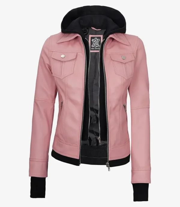 Womens Pink Bomber Leather Jacket with Removable Hood