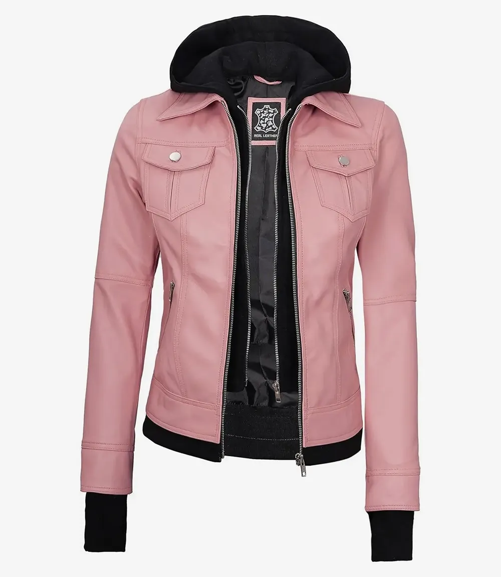 Womens Pink Bomber Leather Jacket with Removable Hood Womens Pink Bomber Leather Jacket with Removable Hood