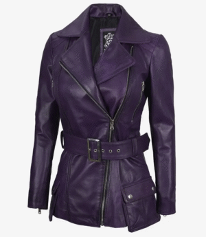 Women's Asymmetrical Purple Belted Biker Style Leather Jacket