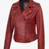Women's Red Asymmetrical Belted Biker Style Leather Jacket