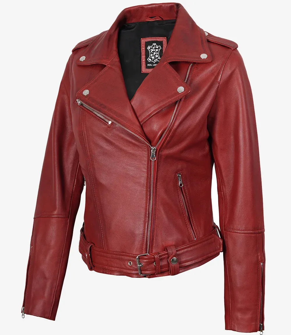 Women's Red Asymmetrical Belted Biker Style Leather Jacket Women's Red Asymmetrical Belted Biker Style Leather Jacket