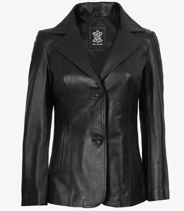 Womens Two Button Black Premium Leather Blazer