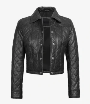 Women's Quilted Cropped Black Leather Jacket